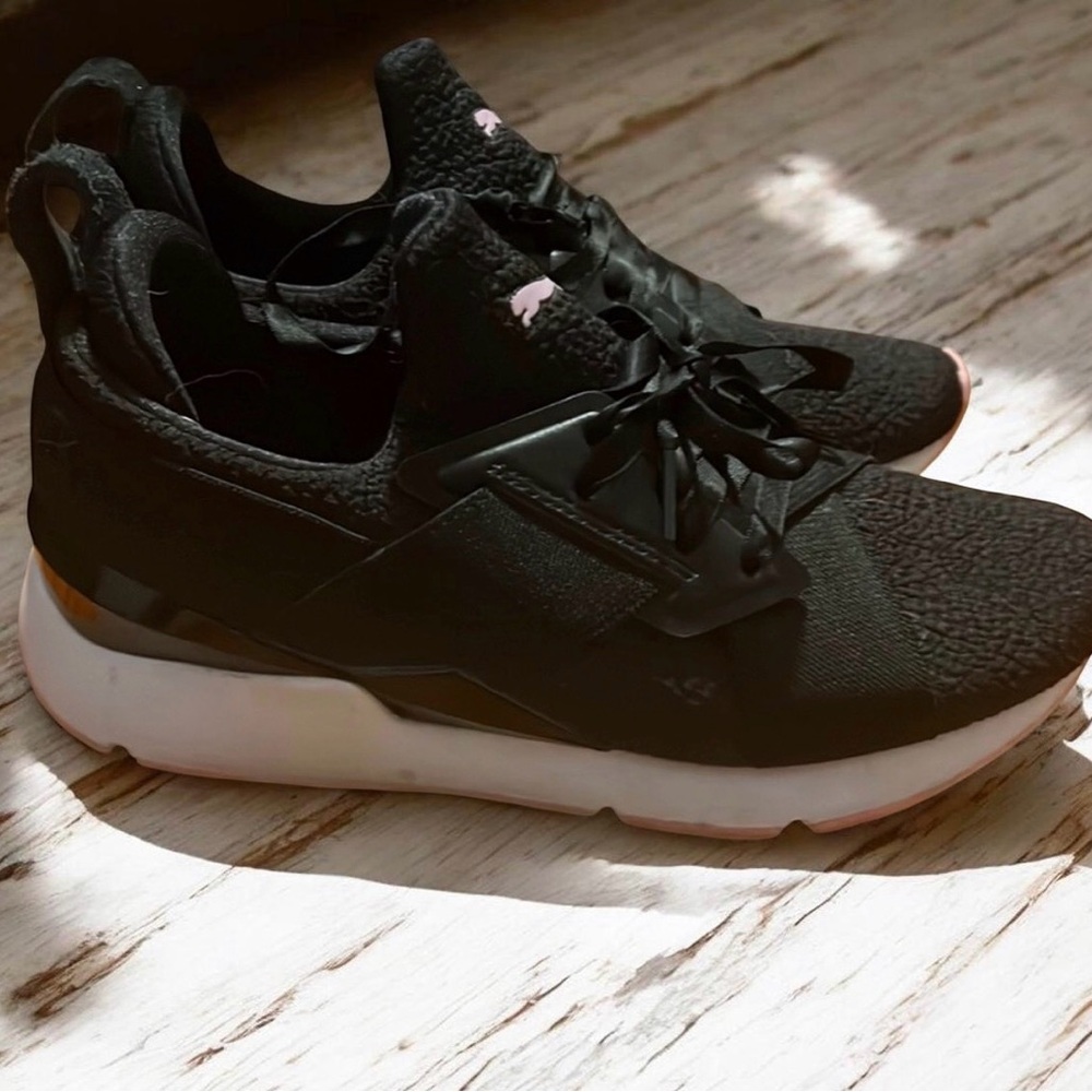 Women's Black Puma Slip-On Sneakers with White Sole